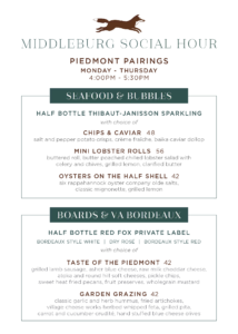 Midweek social hour menu at The Red Fox Inn & Tavern with seafood and boards.